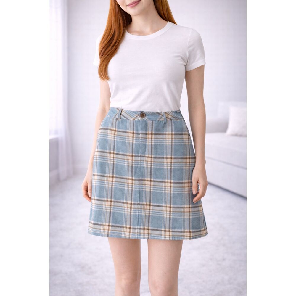 100% Wool Plaid Skirt Eddie Bauer Blue Brown 4
